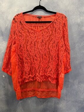 New Directions Orange Lace Overlay Women's L Top Balloon Sleeves
